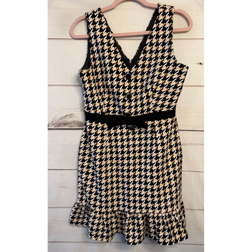 Little Mistress London Houndstooth V-Neck Ruffle Mini Dress Tan Black White US 8